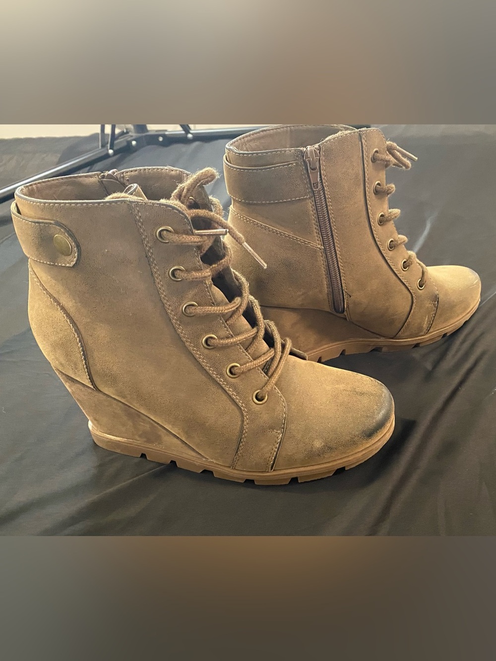 Women's Suede Lace-Up Wedge Booties in Tan